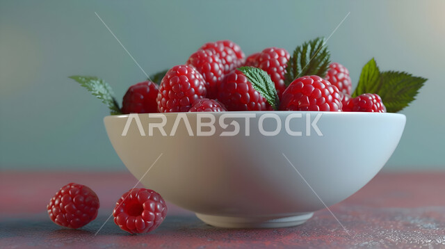 A bowl full of various seasonal fruit pieces, refreshing cold snacks in the summer, a salad plate of delicious wild red berries with strawberries, local Saudi national fruits and crops, the arts of serving and arranging dishes, a colorful background.