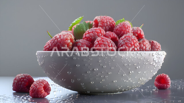 A bowl full of various seasonal fruit pieces, refreshing cold snacks in the summer, a salad plate of delicious wild red berries with strawberries, local Saudi national fruits and crops, the arts of serving and arranging dishes, a colorful background.