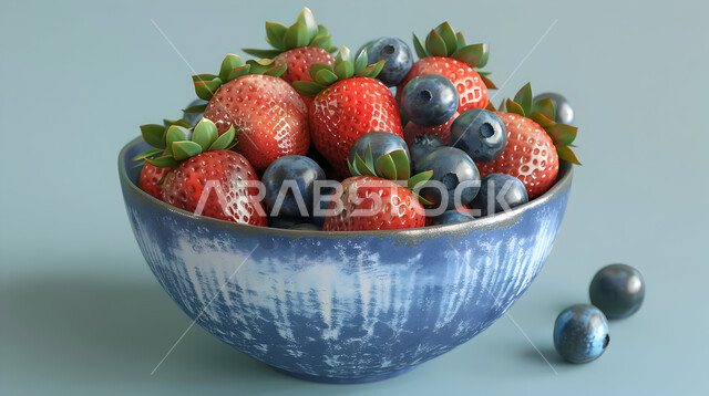 وجبات خفيفة باردة منعشة في فصل الصيف, طبق سلطة حبات التوت البري اللذيذ مع الفراولة ,ثمار و محاصيل وطنية محلية سعودية، فنون تقديم وترتيب الأطباق، وعاء مليء بقطع الفاكهة الموسمية المتنوعة، خلفية ملونة