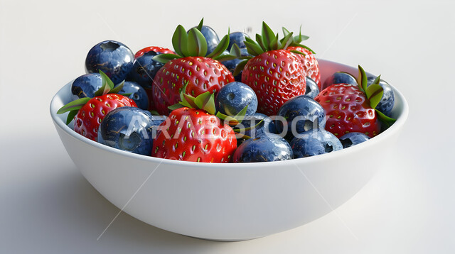 A bowl full of various seasonal fruit pieces, refreshing cold snacks in the summer, a delicious cranberry salad plate with strawberries, local Saudi national fruits and crops, the arts of presenting and arranging dishes, a white background.