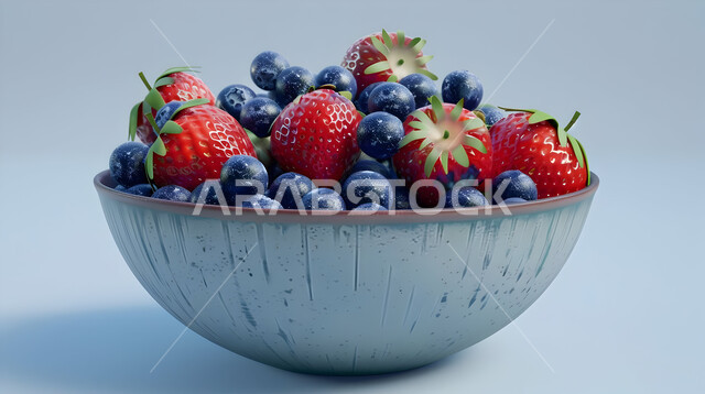 وجبات خفيفة باردة منعشة في فصل الصيف, طبق سلطة حبات التوت البري اللذيذ مع الفراولة ,ثمار و محاصيل وطنية محلية سعودية، فنون تقديم وترتيب الأطباق، وعاء مليء بقطع الفاكهة الموسمية المتنوعة، خلفية ملونة