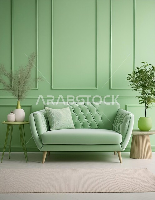 Living rooms with modern, luxurious decor, elegant interior antiques, living room with distinctive designs in green, residential apartments and villas in the Kingdom of Saudi Arabia, elegant and comfortable home furniture