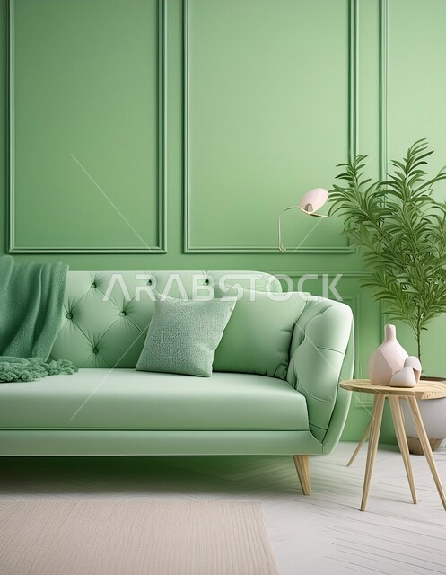 Elegant interior antiques, a living room with distinctive designs in green, residential apartments and villas in the Kingdom of Saudi Arabia, sophisticated and comfortable home furniture, living rooms with modern, luxurious decor