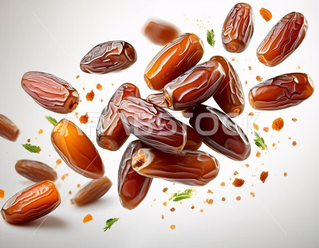 أنواع التمور الفاخرة في المملكة العربية السعودية، ضيافة رمضانية تقليدية، سقوط حبات التمر الصحية السكرية، ثمار ومحاصيل زراعية محلية وطنية، وجبة ذات قيمة غذائية عالية، خلفية بيضاء
