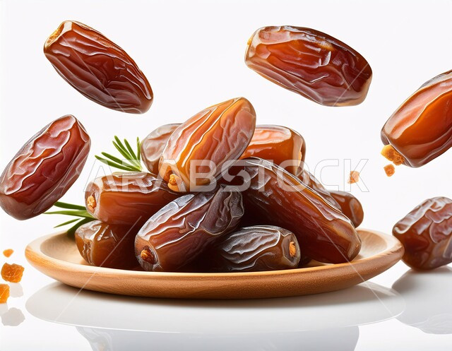 وجبة ذات قيمة غذائية عالية، أنواع التمور الفاخرة في المملكة العربية السعودية، ضيافة رمضانية تقليدية، سقوط حبات التمر الصحية السكرية على طبق خشبي، ثمار ومحاصيل زراعية محلية وطنية، خلفية بيضاء