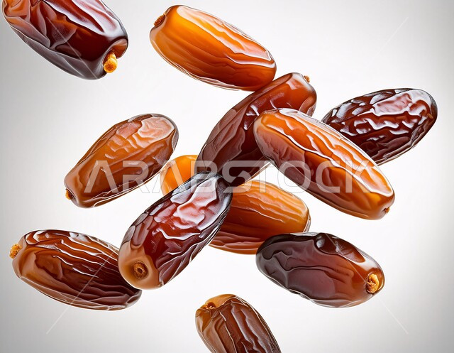 أنواع التمور الفاخرة في المملكة العربية السعودية، ضيافة رمضانية تقليدية، سقوط حبات التمر الصحية السكرية، ثمار ومحاصيل زراعية محلية وطنية، وجبة ذات قيمة غذائية عالية، خلفية بيضاء