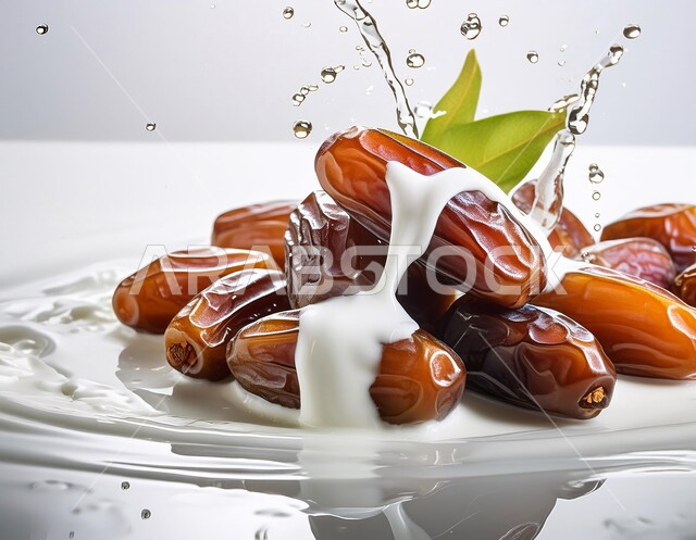Healthy, sugary dates falling into milk, local national agricultural fruits and crops, a meal with high nutritional value, traditional Ramadan hospitality, types of luxury dates in the Kingdom of Saudi Arabia, white background