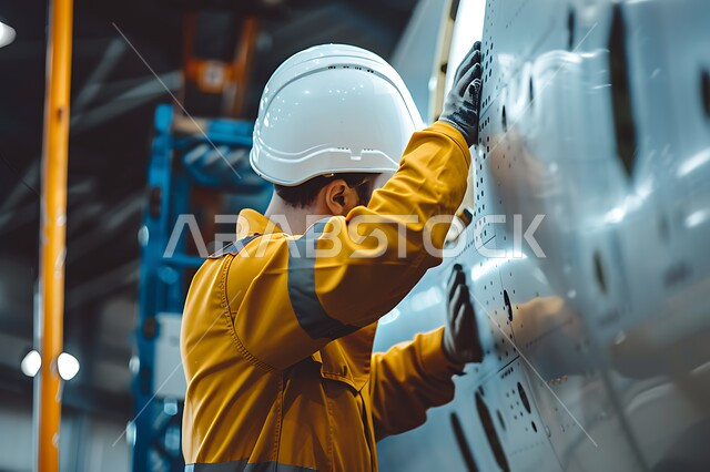 الاشراف والتدقيق على الأعمال الصناعية, صيانة وتصليح المعامل السعودية، العمل في المجال الصناعي, صورة من الخلف لمهندس عربي خليجي سعودي يرتدي سترة وخوذة الوقاية يقوم بفحص آلات الطائرات، مهن ووظائف شبابية هندسية