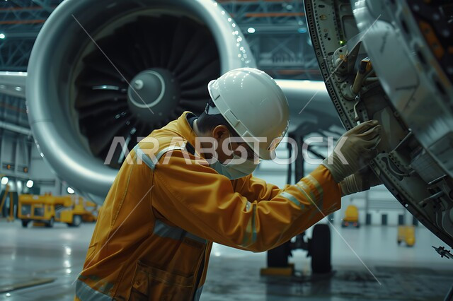 مهن ووظائف سعودية, جودة الانتاج والتصنيع, فحص معدات النفط والغاز في المصنع, تحقيق الثورة الصناعي، صورة مقربة لمهندس عربي سعودي خليجي يرتدي نظارات وخوذة الحماية و الكمامة الوقائية يعمل في مجال الهندسة