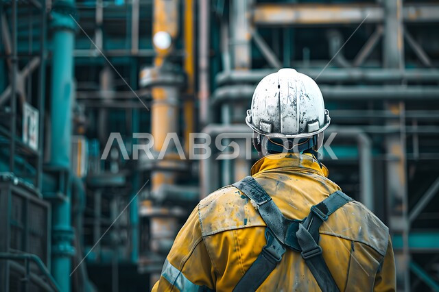 نمو و تطور القطاع الهندسي في المملكة، مهن ووظائف هندسية سعودية، الاشراف على المشاريع في موقع العمل، صورة مقربة من الخلف لمهندس شاب عربي خليجي سعودي يرتدي سترة وخوذة الحماية، خلفية المصانع في وقت النهار
