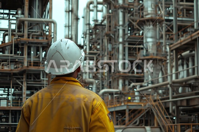 Saudi engineering professions and jobs, supervising projects at the work site, a close-up photo from the back of a young Saudi Gulf Arab engineer wearing a protective jacket and helmet, the development and growth of the engineering sector in the Kingdom, the background of factories during the day