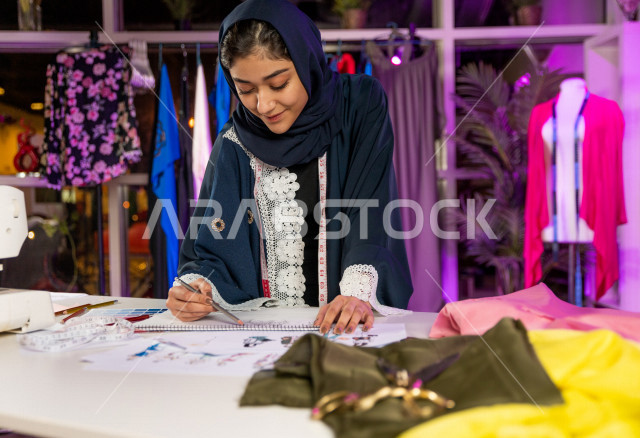 شابة عربية سعودية خليجية جميلة محجبة تبتسم أثناء عملها في مكتبها , تقوم بإبتكارموديلات رائعة , مصممة أزياء خليجية تعمل على تصميم ورسم الأزياء على ورق ابيض , مصممة أزياء مبتكرة , ورشة عمل تصميم ازياء