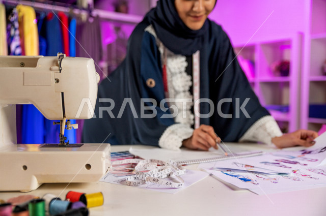 شابة عربية سعودية خليجية جميلة محجبة تبتسم أثناء عملها في مكتبها , تقوم بإبتكارموديلات رائعة , مصممة أزياء خليجية تعمل على تصميم ورسم الأزياء على ورق ابيض , مصممة أزياء مبتكرة , ورشة عمل تصميم ازياء