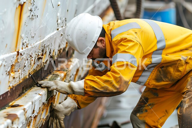 مصانع و معامل سعودية ,أعمال ومهن هندسية شبابية، العمل في القطاع الهندسي الصناعي، صورة مقربة لمهندس عربي خليجي سعودي يرتدي خوذة الحماية يقوم بإصلاح المعدات و الالات في المصنع