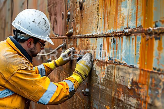 أعمال ومهن هندسية شبابية، العمل في القطاع الهندسي الصناعي، صورة مقربة لمهندس عربي خليجي سعودي يرتدي خوذة الحماية يقوم بإصلاح المعدات و الالات في المصنع, معامل ومصانع سعودية