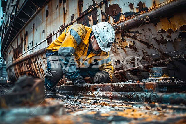 العمل في القطاع الهندسي الصناعي، صورة مقربة لمهندس عربي خليجي سعودي يرتدي خوذة الحماية يقوم بإصلاح المعدات و الالات في المصنع, مهن وأعمال هندسية شبابية، معامل ومصانع سعودية