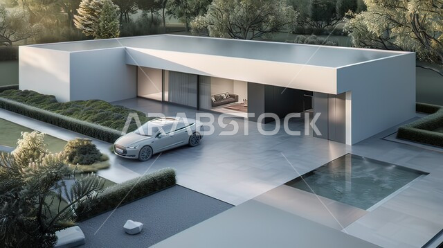 ديكورات على الطراز الحديث للشقق السكنية والمنازل، الفن الهندسي المعماري المميز, النمو والتقدم العمراني في المملكة العربية السعودية، صورة علوية عامودية لسيارة حديثة تقف داخل الفلل والعقارات الجديدة, الشجيرات والنباتات الخضراء