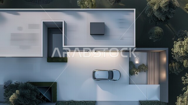 الفن الهندسي المعماري المميز, النمو والتقدم العمراني في المملكة العربية السعودية، ديكورات على الطراز الحديث للشقق السكنية والمنازل، صورة علوية عامودية لسيارة حديثة تقف داخل الفلل والعقارات الجديدة, الشجيرات والنباتات الخضراء