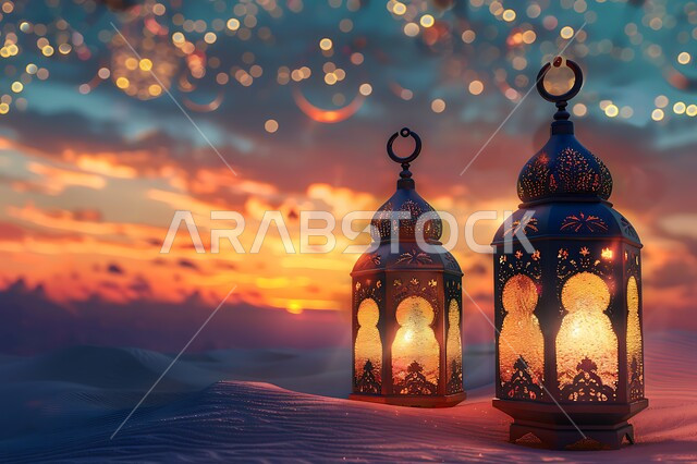 إضاءة الفوانيس النحاسية المزخرفة في الصحراء, فوانيس رمضان المضاءة على الرمال الذهبية وسط الظلام, خلفية السماء في وقت الشروق, الكثبان الرملية الناعمة, الاحتفال بالأعياد والمناسبات الإسلامية