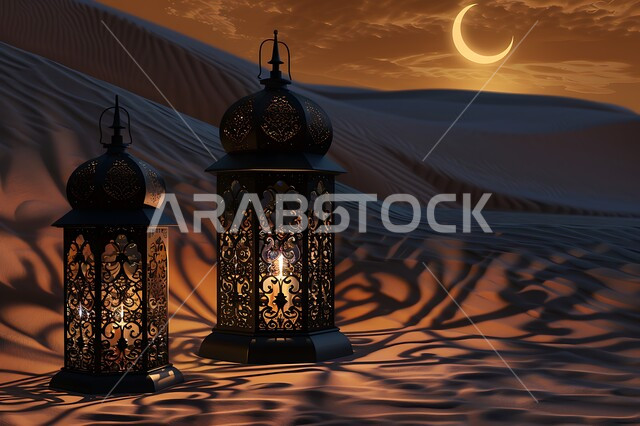 الفوانيس النحاسية المزخرفة في الصحراء, إضاءة فوانيس رمضان على الرمال الذهبية وسط الظلام, خلفية السماء النيرة بهلال رمضان الكريم, الكثبان الرملية الناعمة, الاحتفال بالأعياد والمناسبات الإسلامية