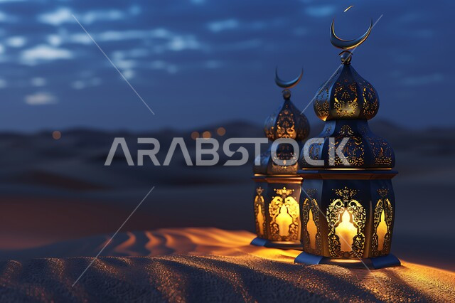  إضاءة فوانيس رمضان على الرمال الذهبية وسط الظلام, الفوانيس النحاسية المزخرفة في الصحراء, خلفية السماء المليئة بالغيوم, الكثبان الرملية الناعمة, الاحتفال بالأعياد والمناسبات الإسلامية