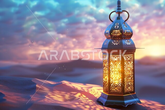 الاحتفال بالأعياد والمناسبات الإسلامية, الفانوس النحاسي المزخرف في الصحراء, إضاءة فانوس رمضان على الرمال الذهبية وسط الظلام, خلفية السماء الملبدة بالغيوم, الكثبان الرملية الناعمة