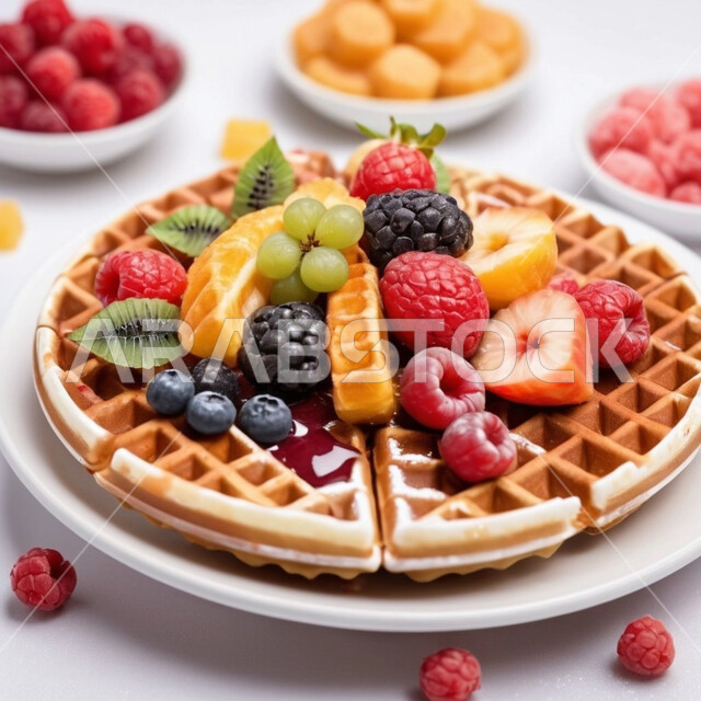 Waffle dessert decorated with delicious fresh fruit pieces, a plate of delicious desserts, delicious cold desserts, high-calorie foods, recipes with refreshing fruits, local seasonal fruits.