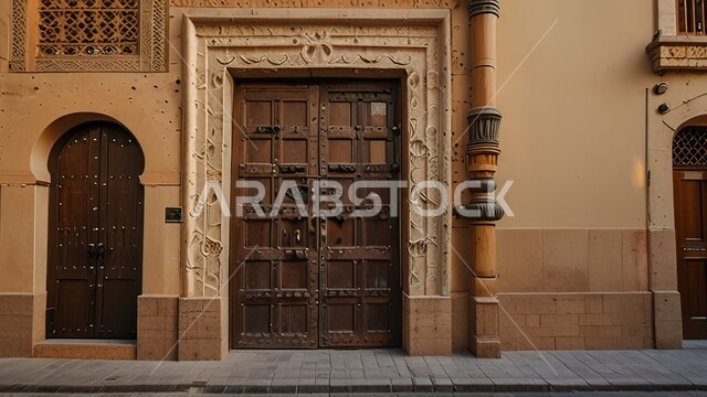 المنازل المبنية على الطراز الطيني القديم، الهندسة الفنية المعمارية للعمارات القديمة, باب خشبي منحوت بالنقوش والزخارف التراثية، قرى وأحياء سكنية شعبية في المملكة العربية السعودية
