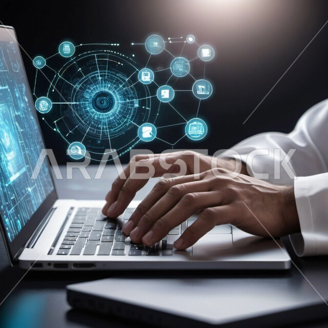 التكنولوجيا الرقمية الحديثة, استخدام الأجهزة التقنية الحديثة المتطورة، صورة مقربة ليدي رجل عربي خليجي سعودي يعمل على الحاسوب المحمول, خلفية الشبكة الرقمية بأيقونات هولوجرامية ثلاثية الأبعاد, التطور والنمو التقني التكنولوجي