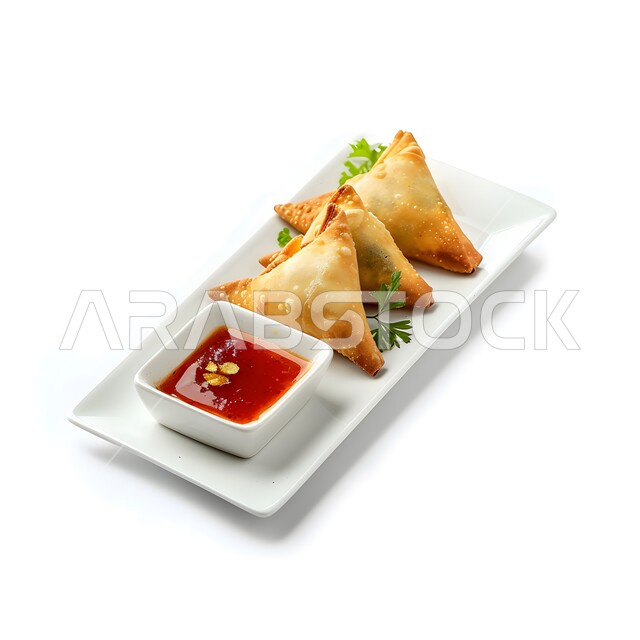 فطائر مقلية متنوعة الحشوات، أطباق رئيسية في سفرة إفطار شهر رمضان المبارك، وصفات المأكولات والأطعمة العربية الشرقية السعودية اللذيذة ، طبق من السمبوسك المقرمشة مع الخضراوت والصلصات، مقبلات رمضانية شهية, خلفية بيضاء
