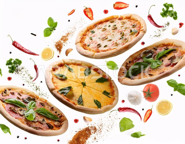 التنوع في وصفات البيتزا المتعددة, البيتزا الايطالية بالأعشاب والبهارات الغنية, الجبن والخضار والمكونات السرية, معجنات البيتزا اللذيذة الطازجة و الساخنة، وجبات سريعة مشبعة, مطاعم وكافيهات في السعودية, خلفية بيضاء