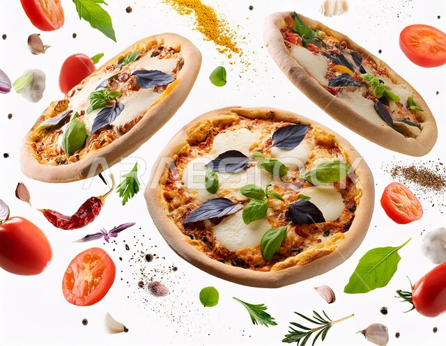 معجنات البيتزا اللذيذة الطازجة و الساخنة، الوصفات المتنوعة والمختلفة لصناعة البيتزا, البيتزا الايطالية بالأعشاب والبهارات الغنية, الجبن والخضار والمكونات السرية, وجبات سريعة مشبعة, مطاعم وكافيهات في السعودية, خلفية بيضاء