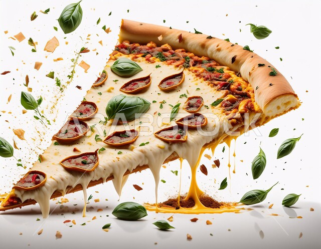 شريحة من البيتزا بالجبنة الذائبة الشهية, معجنات البيتزا اللذيذة الطازجة و الساخنة، البيتزا الايطالية بالأعشاب والبهارات الغنية, الجبن والخضار والمكونات السرية, وجبات سريعة مشبعة, مطاعم وكافيهات في السعودية, خلفية بيضاء