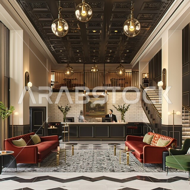 A lounge with soothing décor and colours, areas of calm and enjoyment of upscale sessions, modern architectural art, upscale interior furniture for a restaurant in the Kingdom of Saudi Arabia, interior designs for cafés and restaurants.