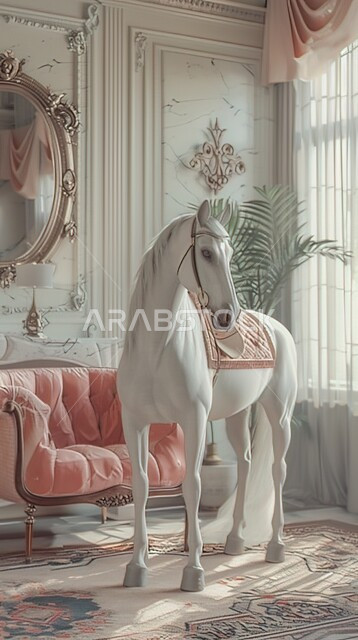 حب الخيول العربية السعودية، مجسم ثلاثي الأبعاد لحصان ابيض عربي اصيل داخل غرفة المعيشة، تصاميم فنية للديكورات والمجسمات التراثية التقليدية، رمز الفروسية والشجاعه، أثاث منزل مريح