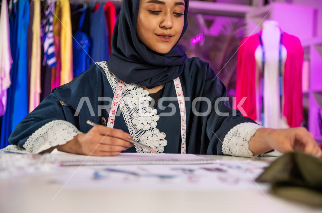 شابة عربية سعودية خليجية جميلة محجبة تبتسم أثناء عملها في مكتبها , تقوم بإبتكارموديلات رائعة , مصممة أزياء خليجية تعمل على تصميم ورسم الأزياء على ورق ابيض , مصممة أزياء مبتكرة , ورشة عمل تصميم ازياء