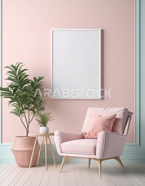 Design a comfortable corner in the living room, a sitting room in soft colors, simple interior decorations, a frame hanging on the wall, antiques, accessories and flowers, upscale home furniture, modern designs, residential apartments and villas, modern interior decor