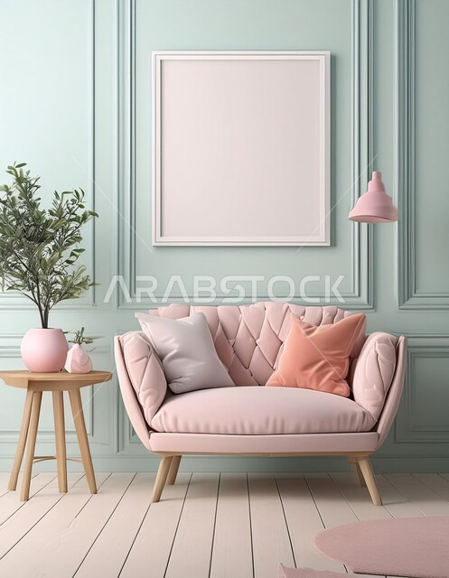 غرفة جلوس بألوان هادئة, كنبة وردية مريحة, ديكورات داخلية بسيطة، إطار معلق على الحائط, تحف و إكسسوارات وأزهار, أثاث منزلي راقي، تصاميم عصرية، شقق وفلل سكنية، ديكور داخلي حديث