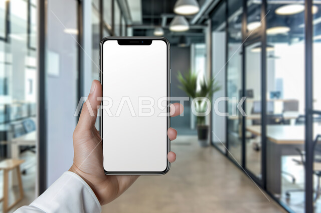 دور التكنولوجيا الحديثة في تسهيل العمل، عرض شاشه بيضاء فارغة على الهاتف المحمول، استخدام التقنيات المتطورة لإنجاز المهام اليومية، دمج التكنولوجيا والتقنيات في مجال العمل, صورة مقربة ليد رجل عربي خليجي سعودي يمسك الجوال