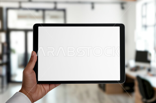 Integrating technology and techniques in the field of work, the role of modern technology in facilitating work, displaying a blank white screen on the tablet, using advanced technologies to accomplish daily tasks, a close-up picture of a Saudi Gulf Arab hand holding the tablet