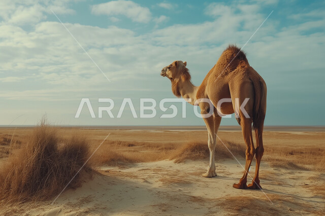 عراقة حيوان الإبل في المملكة العربية السعودية, جمل عربي يمشي على الرمال الذهبية, الاهتمام بالمواشي والثدييات, ناقة عربية أصيلة, تربية حيوان الابل والاعتناء به, حياة الجمال في البيئة الصحراوية