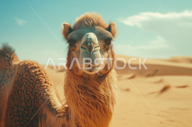 ارتباط رعاية الإبل بمفهوم العروبة في المملكة العربية السعودية, الاهتمام بالمواشي والثدييات, صورة مقربة لوجه جمل أشقر, ناقة عربية أصيلة, تربية حيوان الابل والاعتناء به, حياة الجمال في البيئة الصحراوية