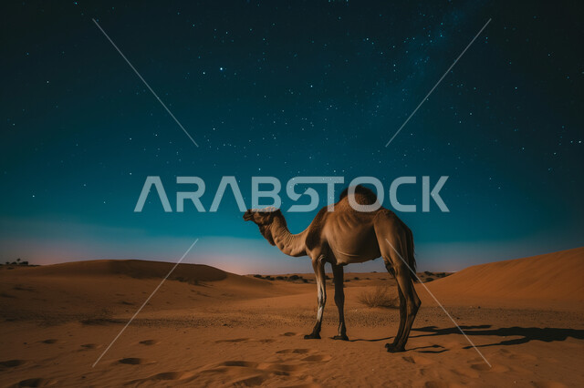 The life of camels in the desert environment, the importance of caring for camels in the Kingdom of Saudi Arabia, caring for livestock and mammals, a purebred Arabian camel, raising camels and taking care of them, a camel standing on the sand dunes