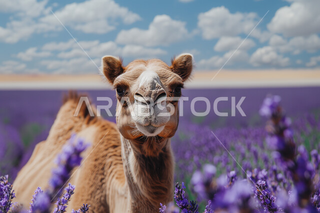 ناقة عربية أصيلة في حقول الورد البنفسجي, أهمية رعاية الإبل في المملكة العربية السعودية, الاهتمام بالمواشي والثدييات, صورة مقربة لوجه جمل أشقر, تربية حيوان الابل والاعتناء به, حياة الجمال في البيئة الصحراوية