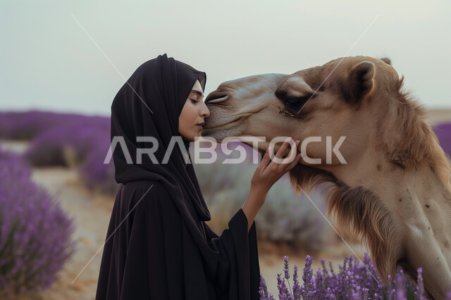 رعاية الإبل العريقة والأصيلة, صورة مقربة لامرأة عربية خليجية سعودية محجبة تقترب من حيوان الجمل الأشقر وتضع يدها على وجهه, ناقة عربية أصيلة, خلفية حقل من الورود البنفسجية الجميلة, الاهتمام بالأنوثة والمظهر الخارجي