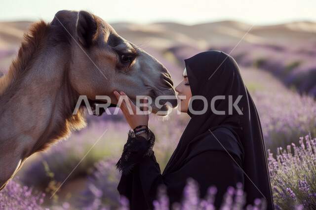  ناقة عربية أصيلة, ارتباط تربية الإبل بالعراقة والأصالة, صورة مقربة لامرأة عربية خليجية سعودية محجبة تقترب من حيوان الجمل الأشقر وتضع يدها على وجهه,خلفية حقل من الورود البنفسجية الجميلة, الاهتمام بالأنوثة والمظهر الخارجي