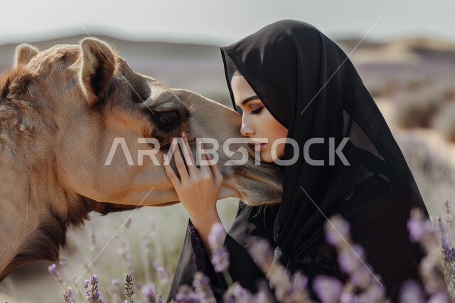 ارتباط تربية الإبل بالعراقة والأصالة, صورة مقربة لامرأة عربية خليجية سعودية محجبة تقترب من حيوان الجمل الأشقر وتضع يدها على وجهه, ناقة عربية أصيلة, خلفية حقل من الورود البنفسجية الجميلة, الاهتمام بالأنوثة والمظهر الخارجي