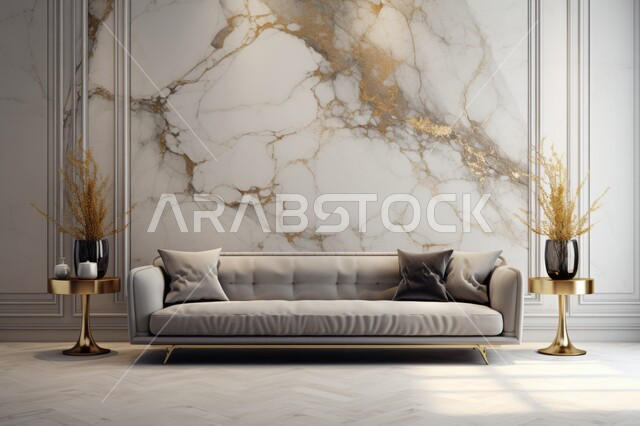 الديكورات الداخلية العصرية في تصميم الشقق السكنية الحديثة, أثاث فخم وراقي, حائط رخامي أبيض اللون, الزينة والاكسسوارات والمزهريات اللامعة, انتقاء ألوان رسمية هادئة, ديكور داخلي, شقق ومنازل وفلل سكنية