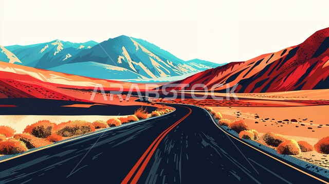 التشكيلات والتكوينات الصخرية، الطبيعة الجبلية في المملكة العربية السعودية، الكثبان والتلال الرملية في المناطق الصحراوية، رسومات فنية بالألوان المائية والزيتية لطريق معبد وسط الصحراء، مغامرات ورحلات السفاري في الصحاري