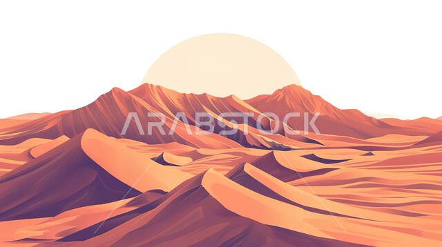 الطبيعة الجبلية في السعودية، التشكيلات والتكوينات الصخرية، الكثبان والتلال الرملية في المناطق الصحراوية، مغامرات ورحلات السفاري في الصحاري، رسوم توضيحية لصحراء المملكة، خلفية بيضاء